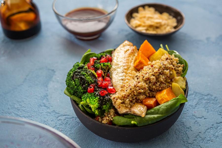 sea bream power bowl with vegetables